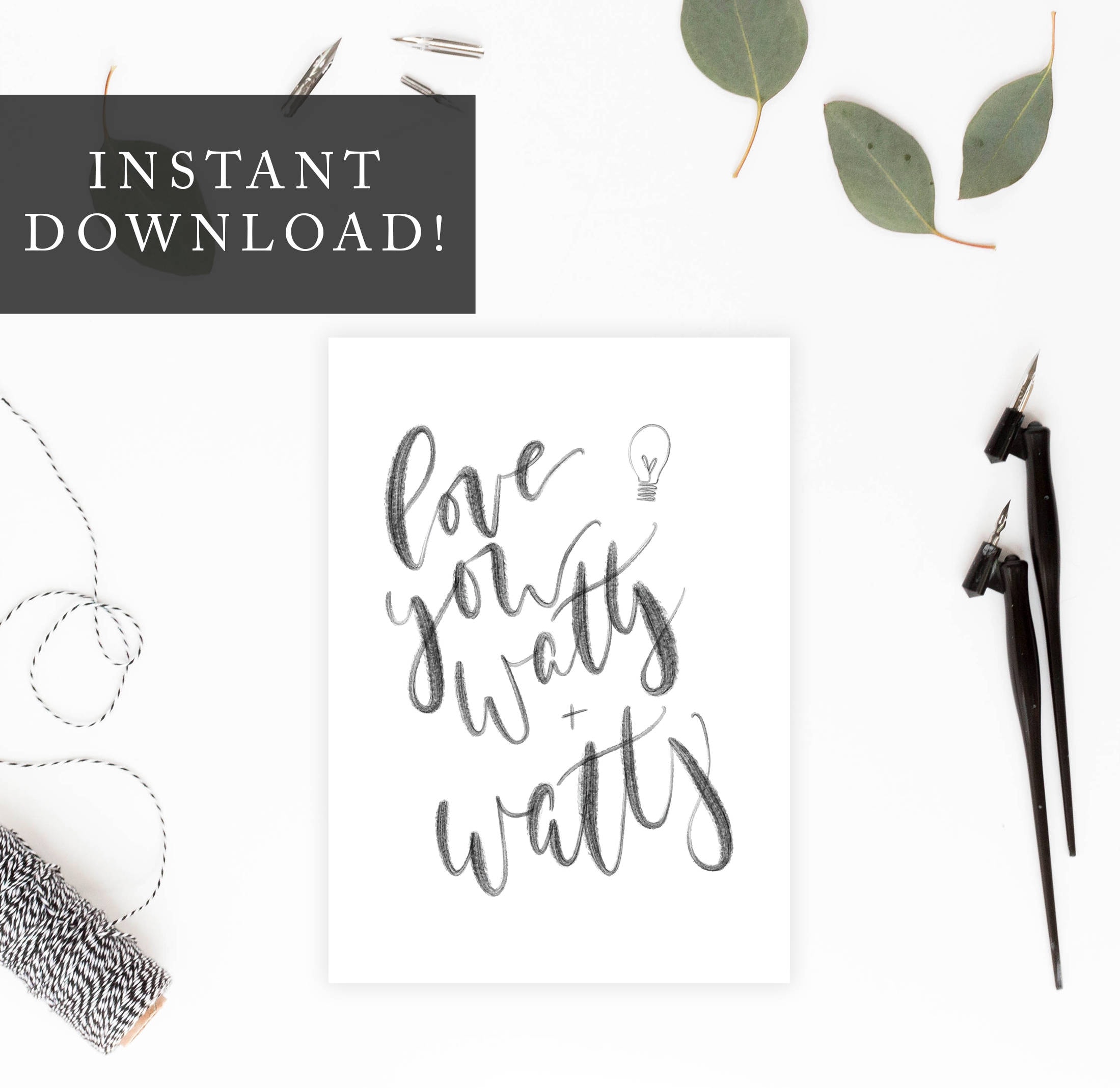 Love You Watts and Watts Printable 5x7 Card, Valentines Day, Funny Pun ...