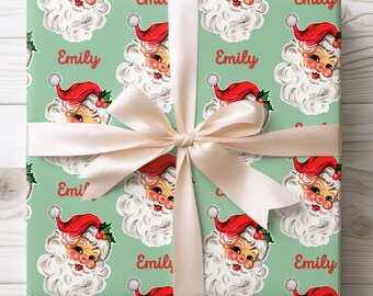 Green Santa Personalized Christmas Wrapping Paper | Custom Wrapping Paper | Vintage Looking Santa Wrapping Paper | Personalized Gifts