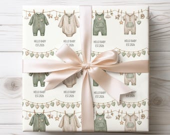 Personalized Baby Shower Wrapping Paper, Custom Baby Gift Wrap, Neutral Green Nursery Wrapping Paper Roll, Hello Baby EST 2026, New Baby