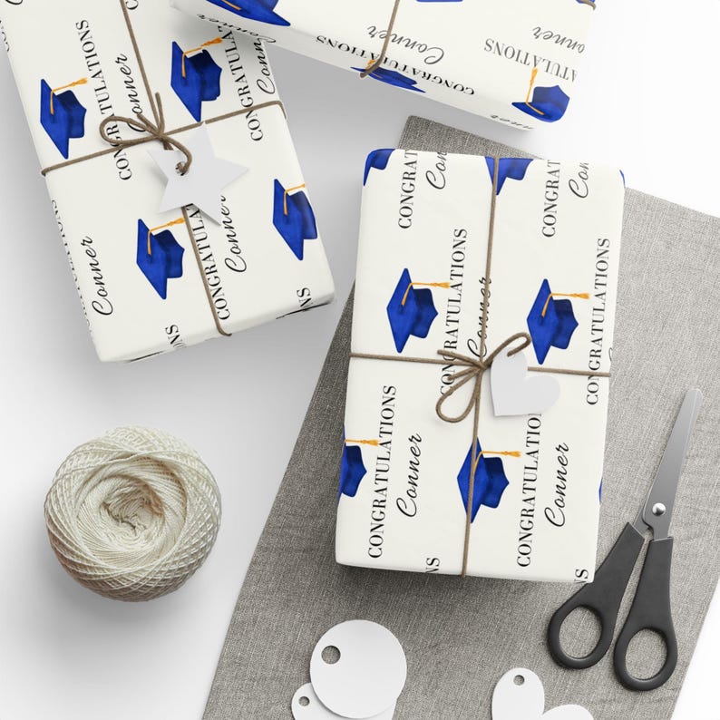 Personalized Graduation Wrapping Paper Blue Gold, Custom Grad Gift Wrap ...