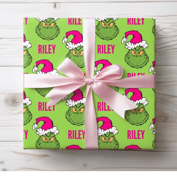 Grinch Wrapping Paper | Grinch Personalized Wrapping | Name Gift Wrap | Pink Santa Hat | Kids Christmas Gift