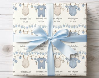Personalized Baby Shower Wrapping Paper, Blue Boy Gift Wrap, Hello Baby EST 2026