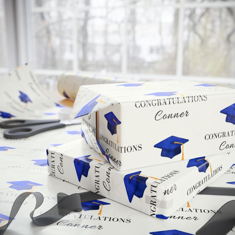 Personalized Graduation Wrapping Paper Blue Gold, Custom Grad Gift Wrap ...