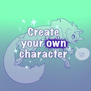 May include: Line art illustration of a cartoon wolf with a purple splatter and the text "Create your own character" and a speech bubble that says "Color me!"