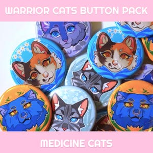 War Cats Button Pack - Medicine Cats - Cinderpelt, Yellowfang, Jayfeather, and Spottedleaf
