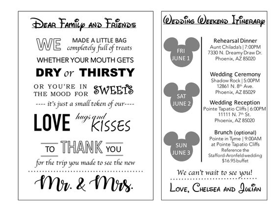 Welcome Bag Note And Itinerary Wedding Destination Wedding Etsy
