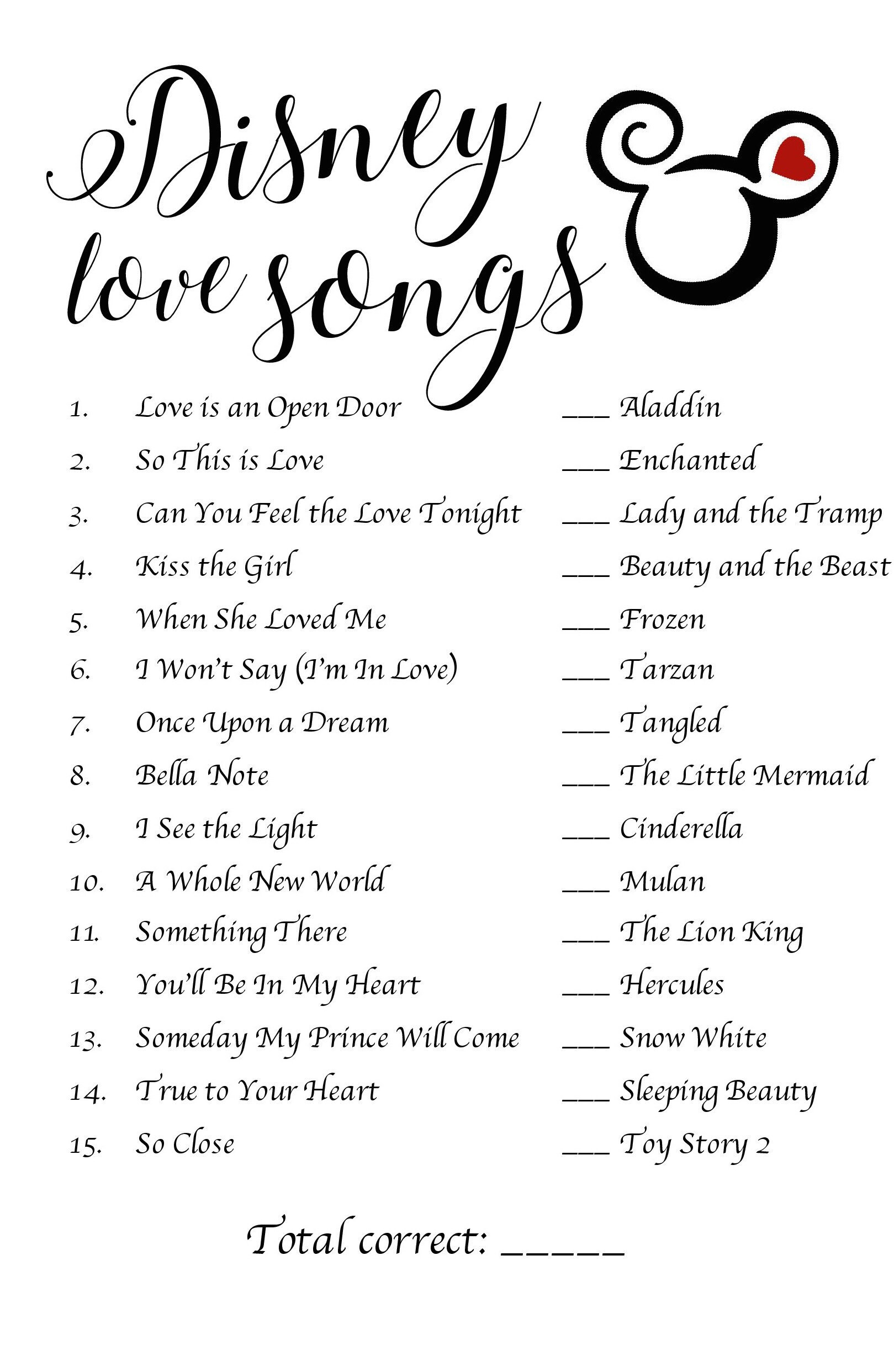 Disney Love Song Game Bridal Shower Wedding Bachelorette Etsy