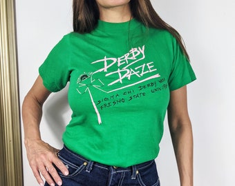 Vintage 80s Fresno State University 1984 Signma Chi Derby daze Tshirt Bright Green