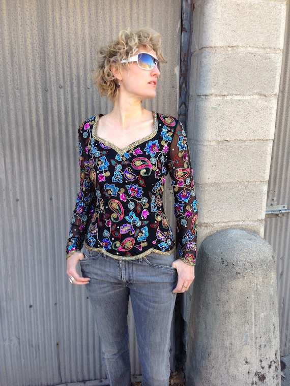 Vintage 80s Sequined Beaded Boho Top - image 1