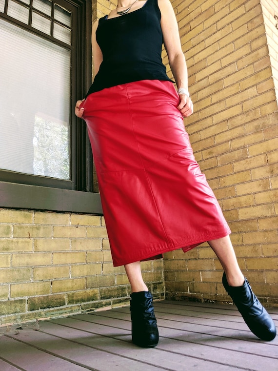 Vintage 80's Screaming Red Leather Pencil Skirt