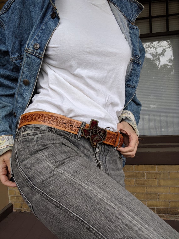 Vintage 1977 Cy's Leather Texas Belt Western Stam… - image 1