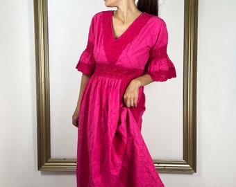 Vintage 70s Hot Pink Dream Prairie Dress with Lotsa Lace
