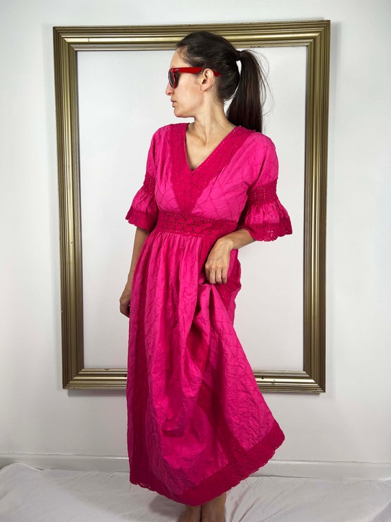 Vintage 70s Hot Pink Dream Prairie Dress with Lots