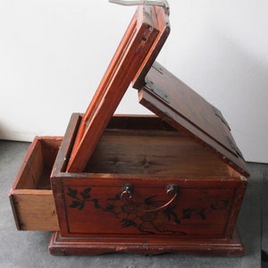 Asian pine painted jewelry box, toilet mirror, Ca 1930.