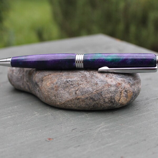 Hand Turned Acrylic Pen : Purple/Teal Glitter