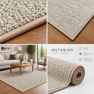 May include: A beige textured carpet with a durable binding edge. The product is labeled Instabind Carpet Binding, highlighting a clean professional finish for area rugs and custom sizes. The material features a dense, looped pile construction.