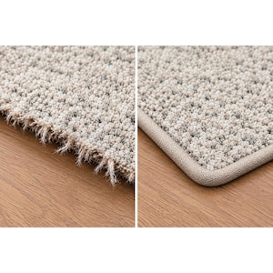 May include: A close-up comparison of a carpet runner showing a raw, frayed edge on the left and a finished, bound edge on the right. The carpet features a textured, looped pile construction in a neutral beige color with subtle gray flecks.
