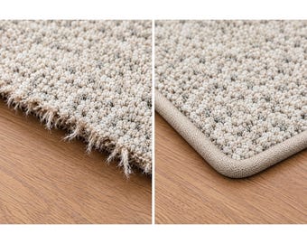 May include: A close-up comparison of a carpet runner showing a raw, frayed edge on the left and a finished, bound edge on the right. The carpet features a textured, looped pile construction in a neutral beige color with subtle gray flecks.