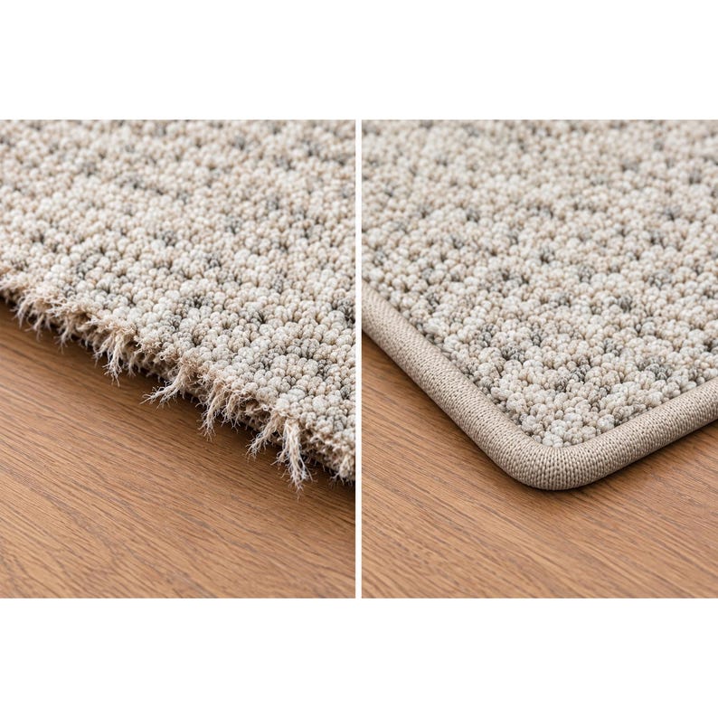 May include: A close-up comparison of a carpet runner showing a raw, frayed edge on the left and a finished, bound edge on the right. The carpet features a textured, looped pile construction in a neutral beige color with subtle gray flecks.