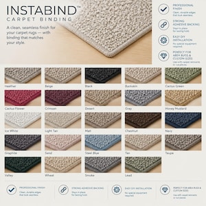 May include: Instabind carpet binding product display featuring a grid of twenty-five textured carpet swatches in various colors including heather, beige, black, buckskin, cactus green, crimson, desert, grey, honey mustard, ice white, and navy.