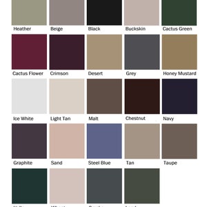 May include: A color palette chart featuring twenty-four distinct square swatches arranged in a grid. Each square displays a solid color labeled with text underneath, including Heather, Beige, Black, Buckskin, Cactus Green, Cactus Flower, Crimson, Desert, Grey, Honey Mustard, Ice White, Light Tan, Malt, Chestnut, Navy, Graphite, Sand, Steel Blue, Tan, Taupe, Valley, Wheat, Smoke, and Lead.