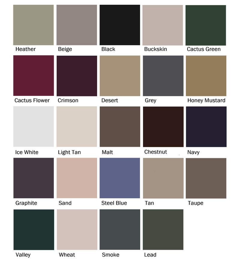May include: A color palette chart featuring twenty-four distinct square swatches arranged in a grid. Each square displays a solid color labeled with text underneath, including Heather, Beige, Black, Buckskin, Cactus Green, Cactus Flower, Crimson, Desert, Grey, Honey Mustard, Ice White, Light Tan, Malt, Chestnut, Navy, Graphite, Sand, Steel Blue, Tan, Taupe, Valley, Wheat, Smoke, and Lead.