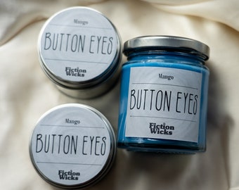 Button Eyes | Coraline inspired candle || Mango scented vegan soy | 150g / 75g size | blue gothic gift for animation fan | Spooky Halloween