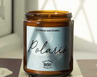 Polaris | Cypress and Fennel Scented candle | 200g vegan soy wax north star celestial candle | Rainbow moonstone tumble crystal home decor