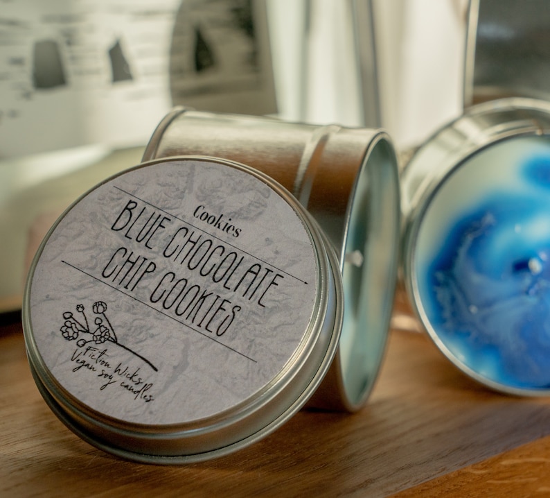 Blue Chocolate Chip Cookies Candle Percy Jackson & the Olympians inspired Cookies scented vegan soy candle 6oz 3.5oz size bookworm image 9