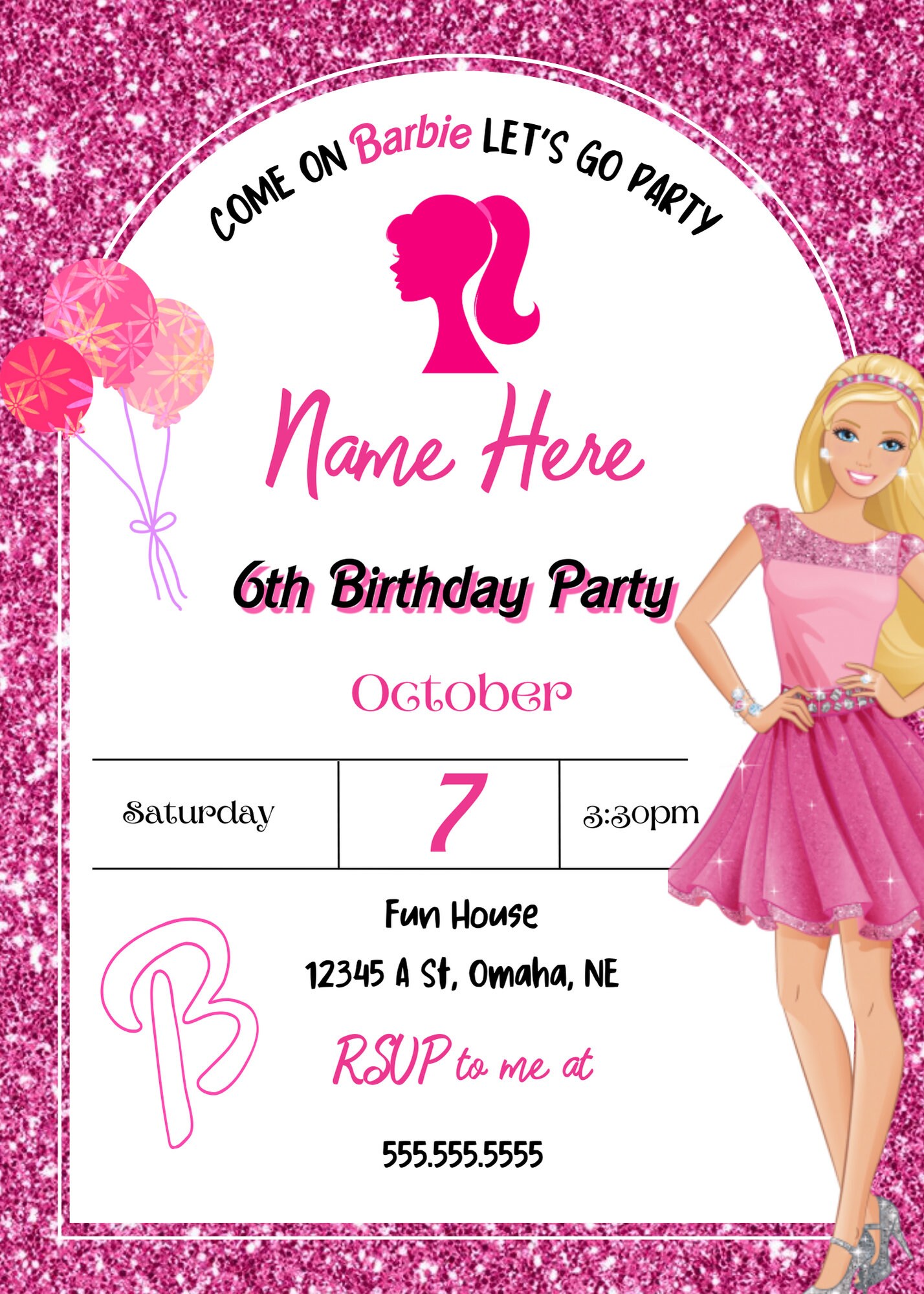Editable Girls Barbie Birthday Party Invitation