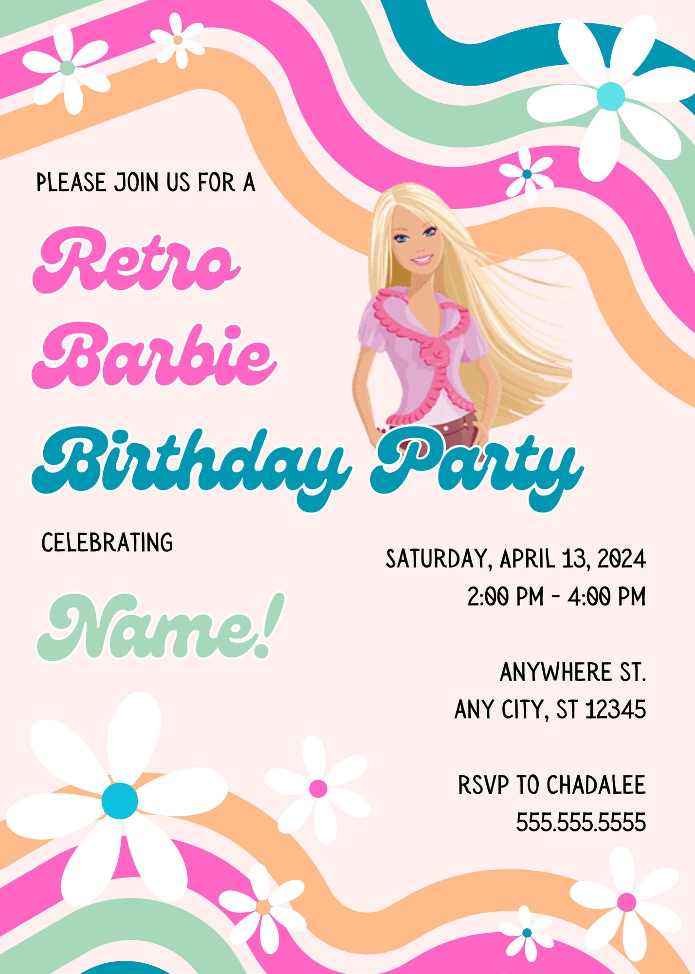 Editable Retro Barbie Birthday Party Invitations