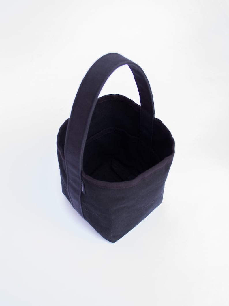 Reversible Small bucket style black canvas tote bag, 6 pockets image 5