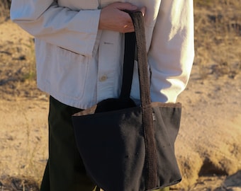Black Canvas Bucket Shoulder Bag, 6 Pockets, Reversible