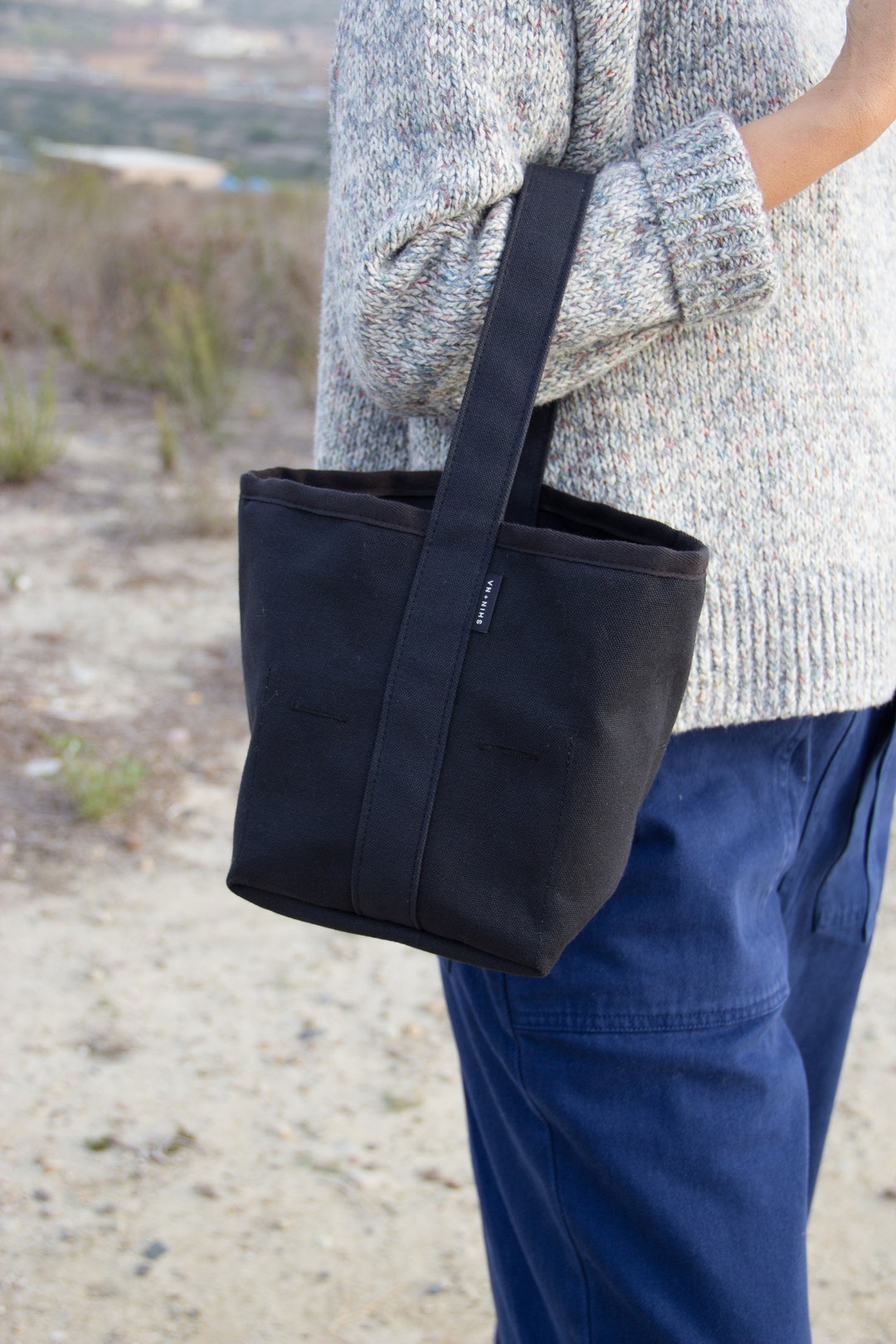 Reversible Small Bucket Style Black Canvas Tote Bag, 6