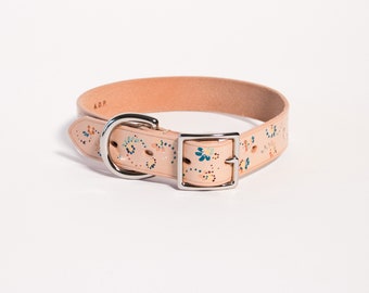 Tan Leather Dog Collar, Hand Painted, Dog Collars for Small Medium Large Dogs, Natural Veg Tan Leather, Light weight