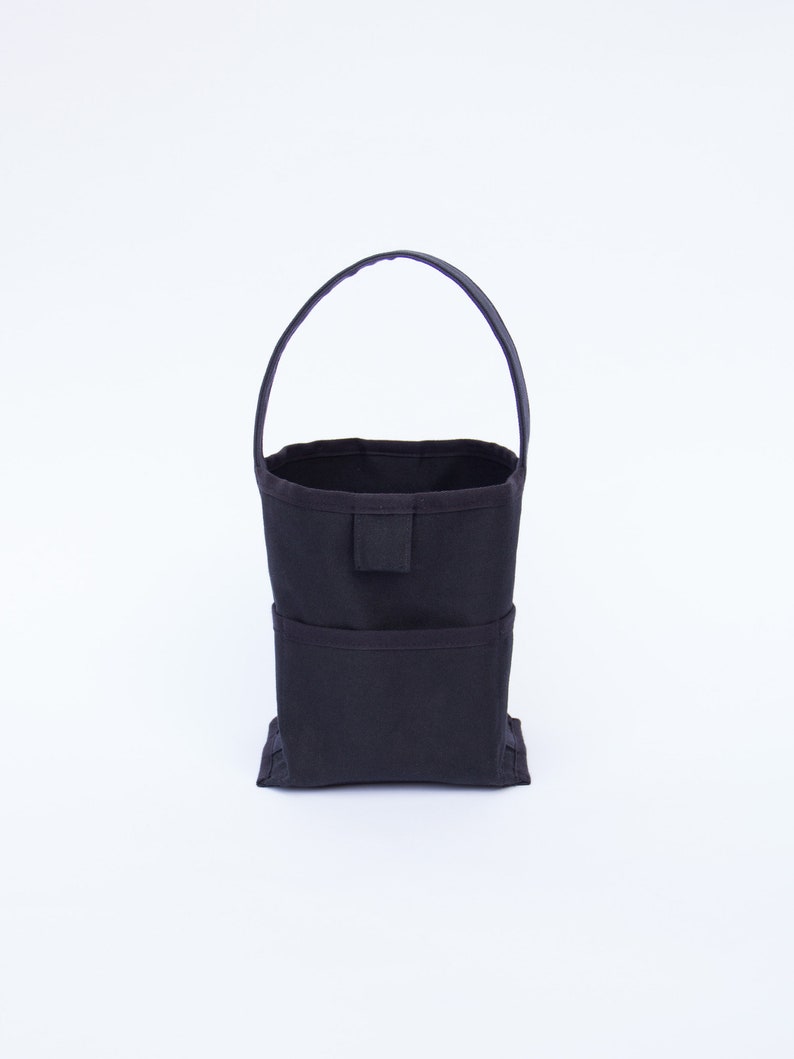 Reversible Small bucket style black canvas tote bag, 6 pockets image 4