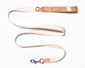 Tan Leather Dog Leash, Twilltape strap, Hand Painted, Dog Collars for Small Medium Large Dogs, Natural Veg Tan Leather, Light weight, 4 feet