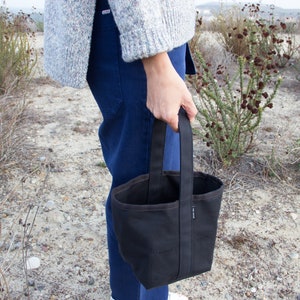 Reversible Small bucket style black canvas tote bag, 6 pockets image 7