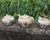 Antique Japanese Satsuma Tea Set, Tea Pot, Sugar Dish and Creamer