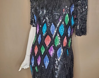 Vintage Beaded Fringe Sequin Evening Dress