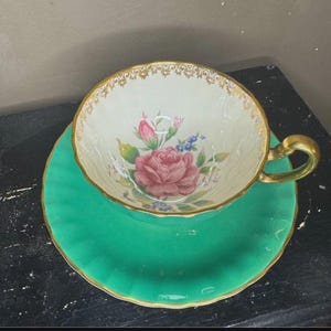Green AYNSLEY Orban Cabbage Rose England Teacup & Saucer