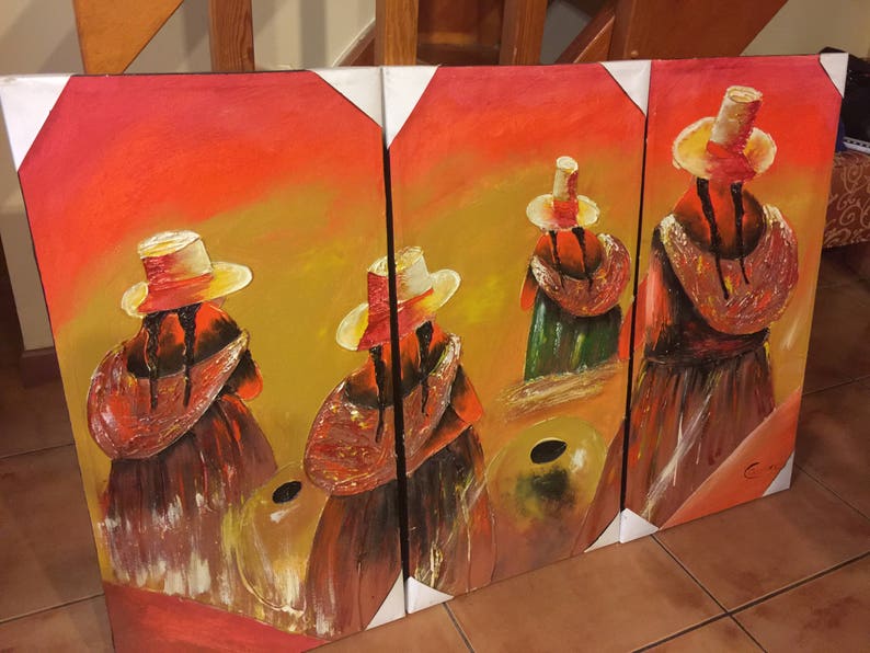 Three piece acrylic Peruvian painting image 3