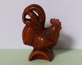 Rooster on roof tile, Lovely boxwood netsuke, Hand carved and signed, Cute collectable wood carving, Small cockerel sculpture