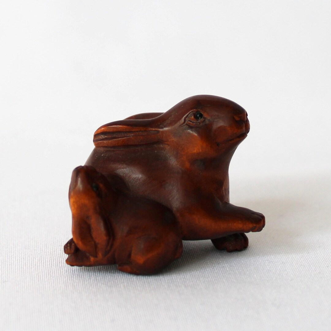 Boxwood Rabbit Hand Carved Boxwood Rabbit Netsuke – Signed Wooden Sculpture Depicting ...