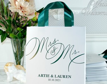 Custom Mr & Mrs Wedding Welcome Bags: Hunter Green Hotel Gift Bags