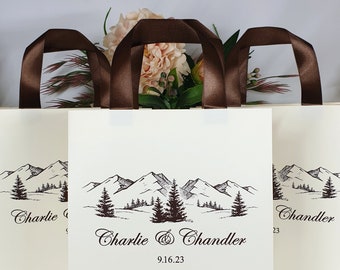 Personalized Mountain Wedding Welcome Bags: Ivory Paper with Satin Handles