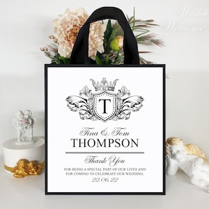 25 Royal wedding bags, Elegant black and white wedding bags, Vintage wedding logo bags, Personalized party favor bag for destination wedding