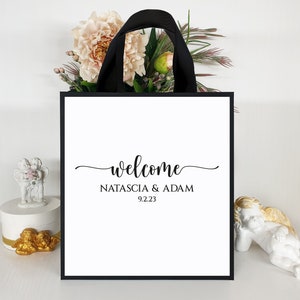 30 Welcome bags with ribbon handles, your names for wedding guests gifts, Elegant Black and White personalized favor for guests