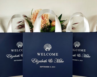 Navy Blue Wedding Welcome Bags: Custom Seashell Favor, Hotel Gift Bags