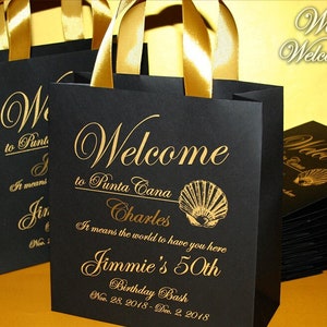 20 Welcome gift bags for birthday party with satin ribbon handles and you and your guests names Anniversary party gift and favors for guests
